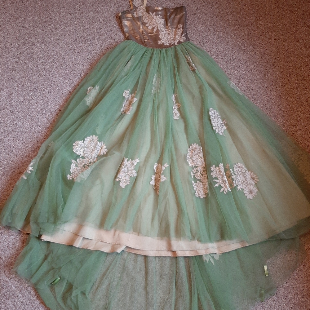 Asymmetrical green and gold tulle dress